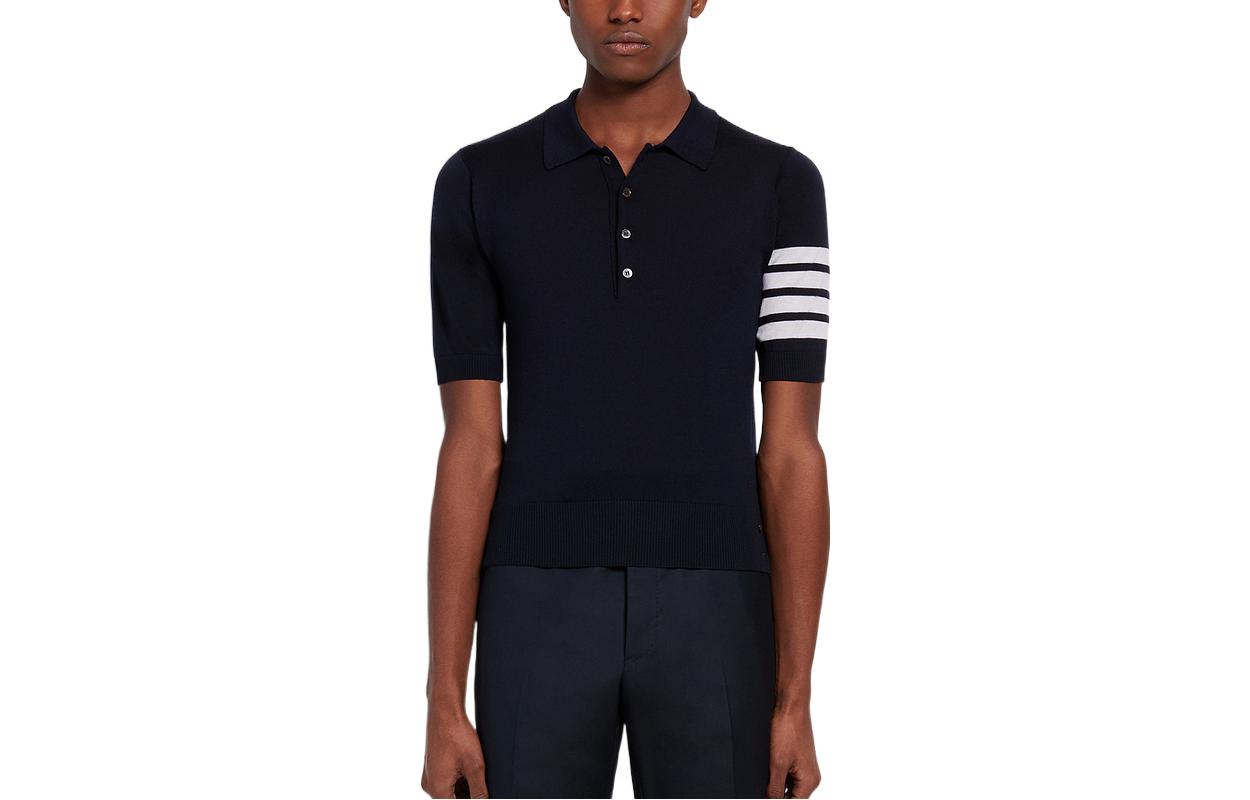THOM BROWNE SS22  Navy Blue 4-Bar Stripe Knit Short Sleeve Polo Shirt MKP048A-Y1014-415