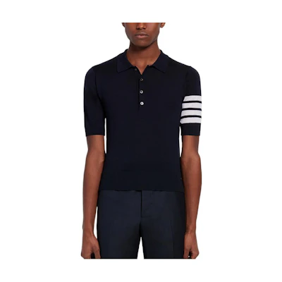THOM BROWNE SS22 Navy Blue 4-Bar Stripe Knit Short Sleeve Polo Shirt MKP048A-Y1014-415