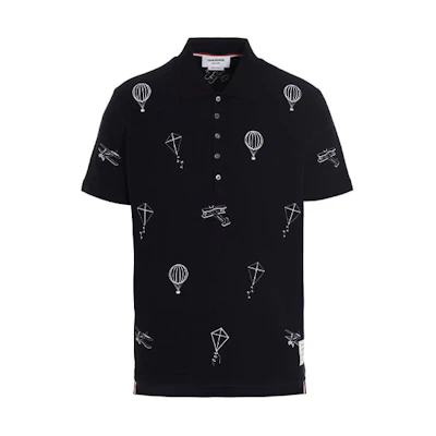 Thom Browne SS22 Navy Blue Pattern Print Short Sleeve Polo Shirt. MJP140E-00050-415