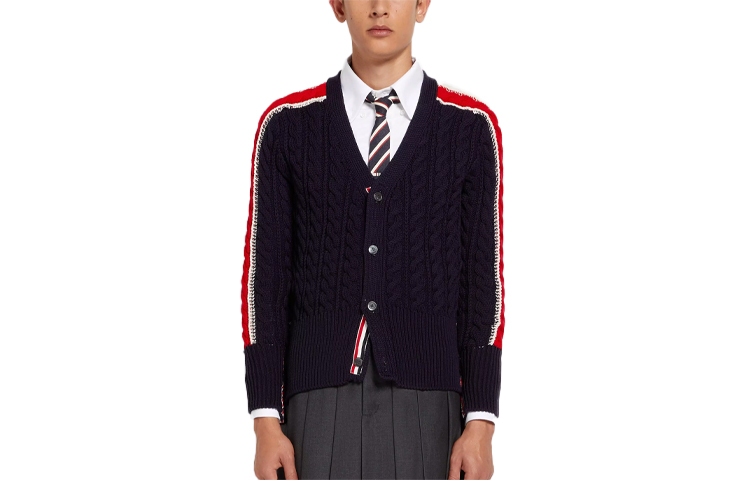 Order Thom Browne SS22 Cardigan Wol V-Neck Garis Biru Navy. MKC383A-Y1024-415