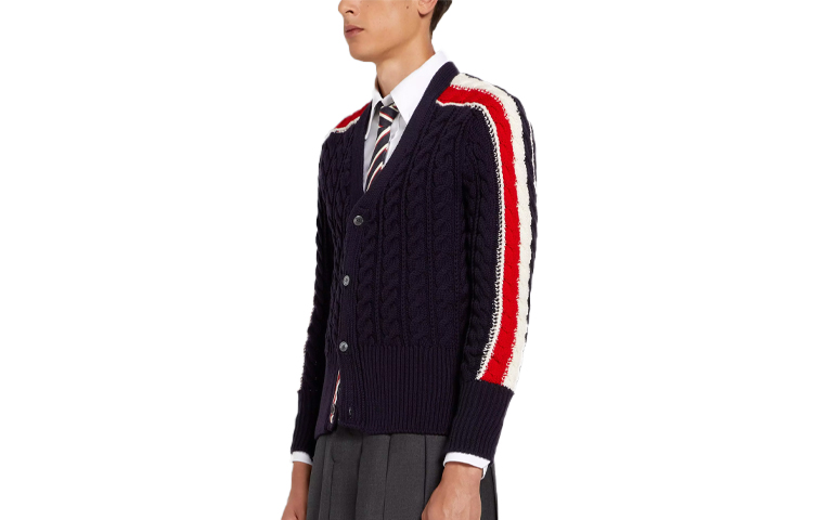 Shop Thom Browne SS22 Cardigan Wol V-Neck Garis Biru Navy. MKC383A-Y1024-415