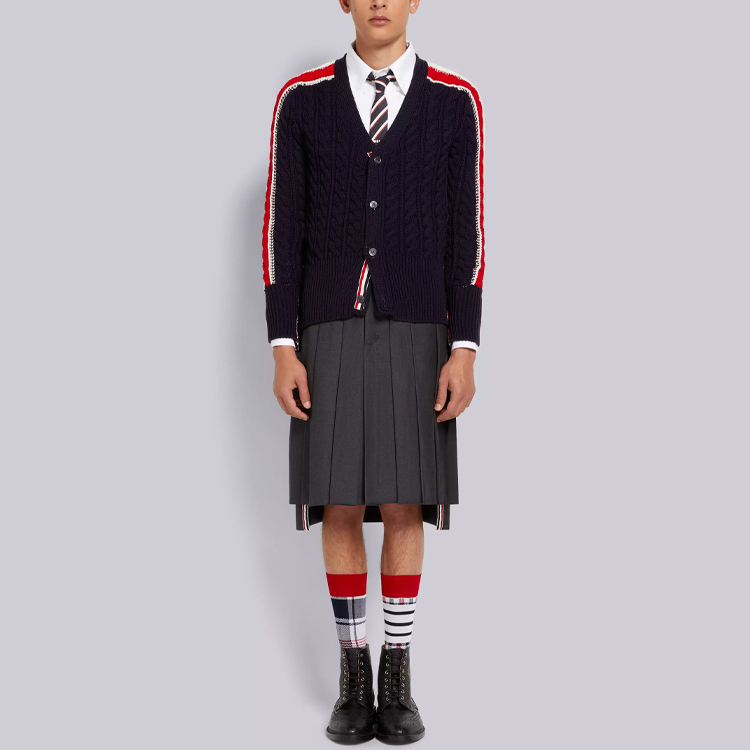 Purchase Thom Browne SS22 Cardigan Wol V-Neck Garis Biru Navy. MKC383A-Y1024-415