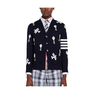 Thom Browne SS22 Navy Blue Wool Sweater with Four-Bar Embroidery. MKC380A-Y1002-415
