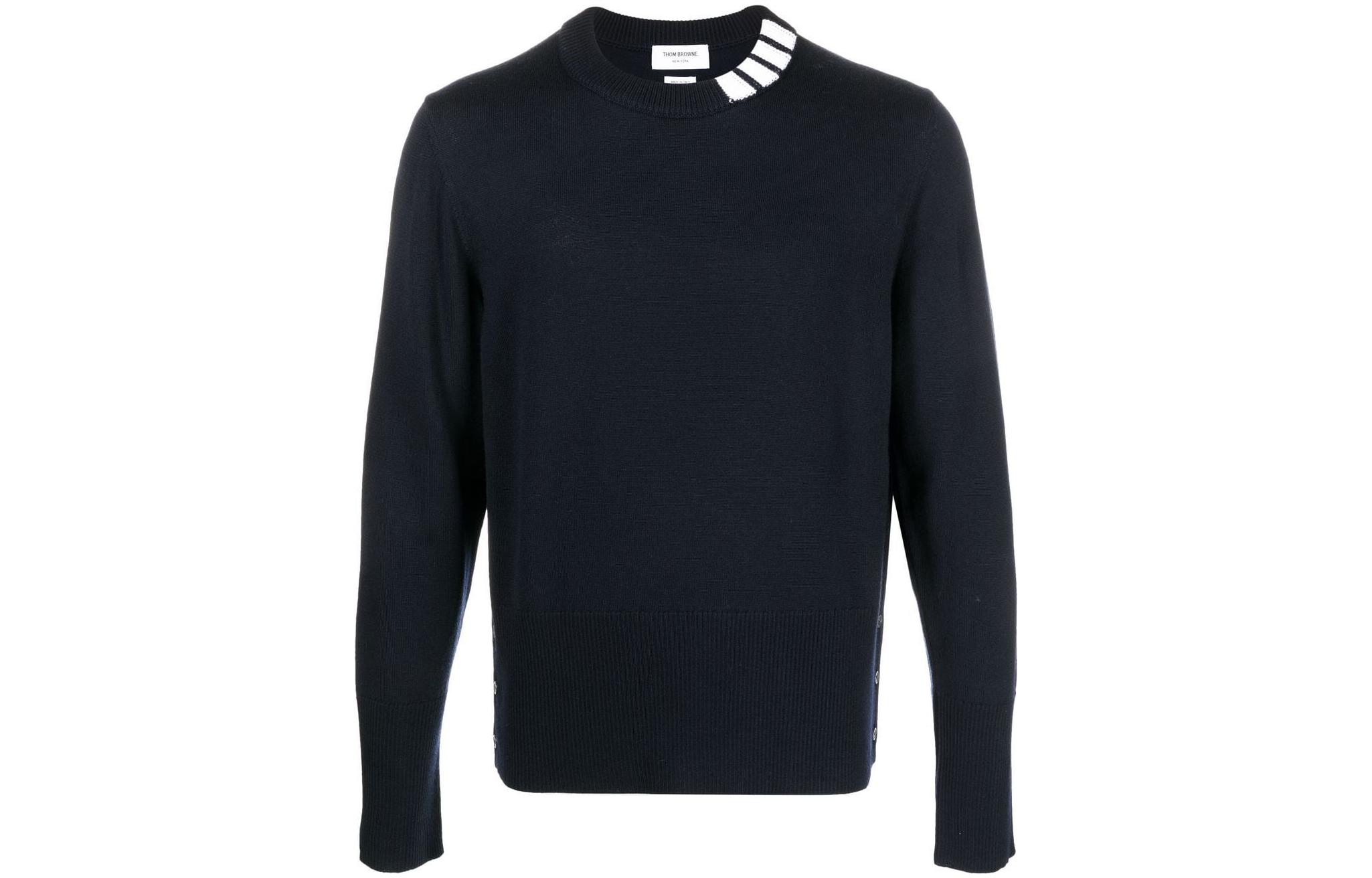 Thom Browne SS22  Navy Wool Sweater with Striped Crewneck Design. MKA386A-Y1002-415