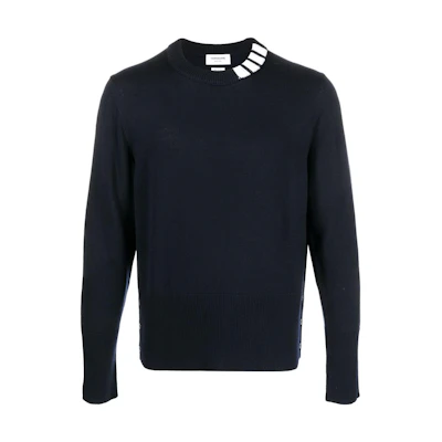 Thom Browne SS22 Navy Wool Sweater with Striped Crewneck Design. MKA386A-Y1002-415