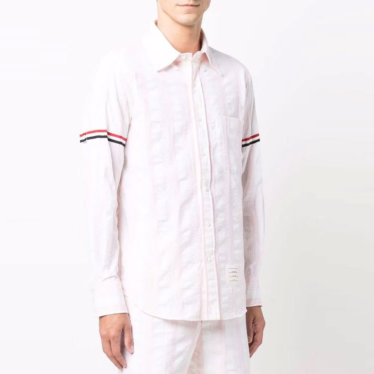 Shop Thom Browne SS22 粉色条纹西装衬衫 MWL301A-07879-640