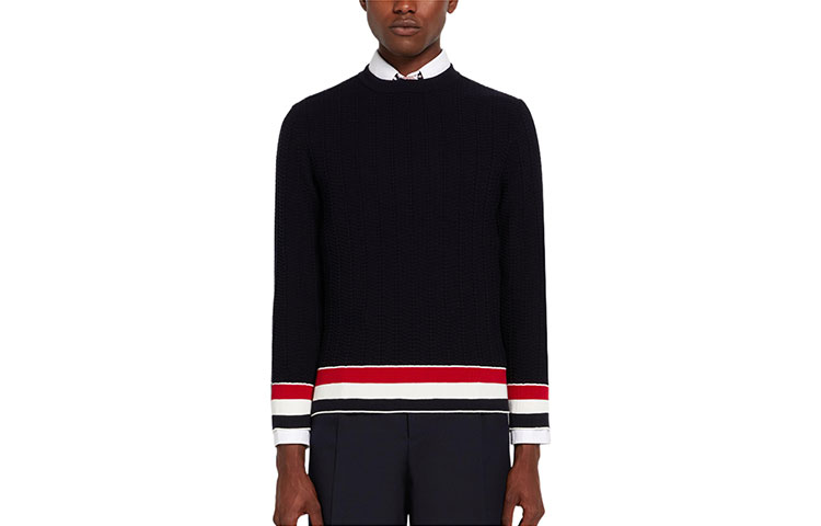 THOM BROWNE SS22  Striped Crewneck Pullover Sweater Navy Blue/Black MKA384A-Y3009-415