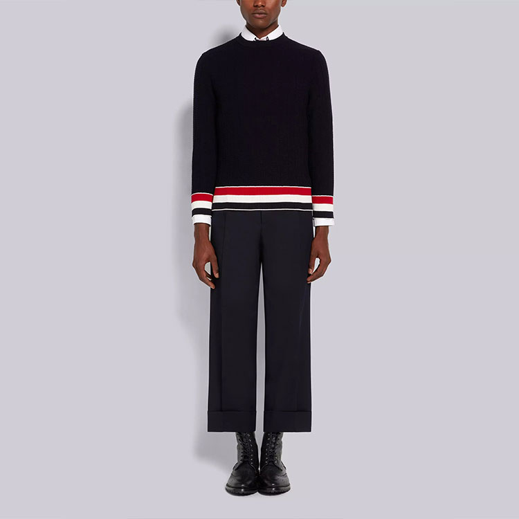 Shop THOM BROWNE SS22 Striped Crewneck Pullover Sweater Biru Navy/Hitam MKA384A-Y3009-415