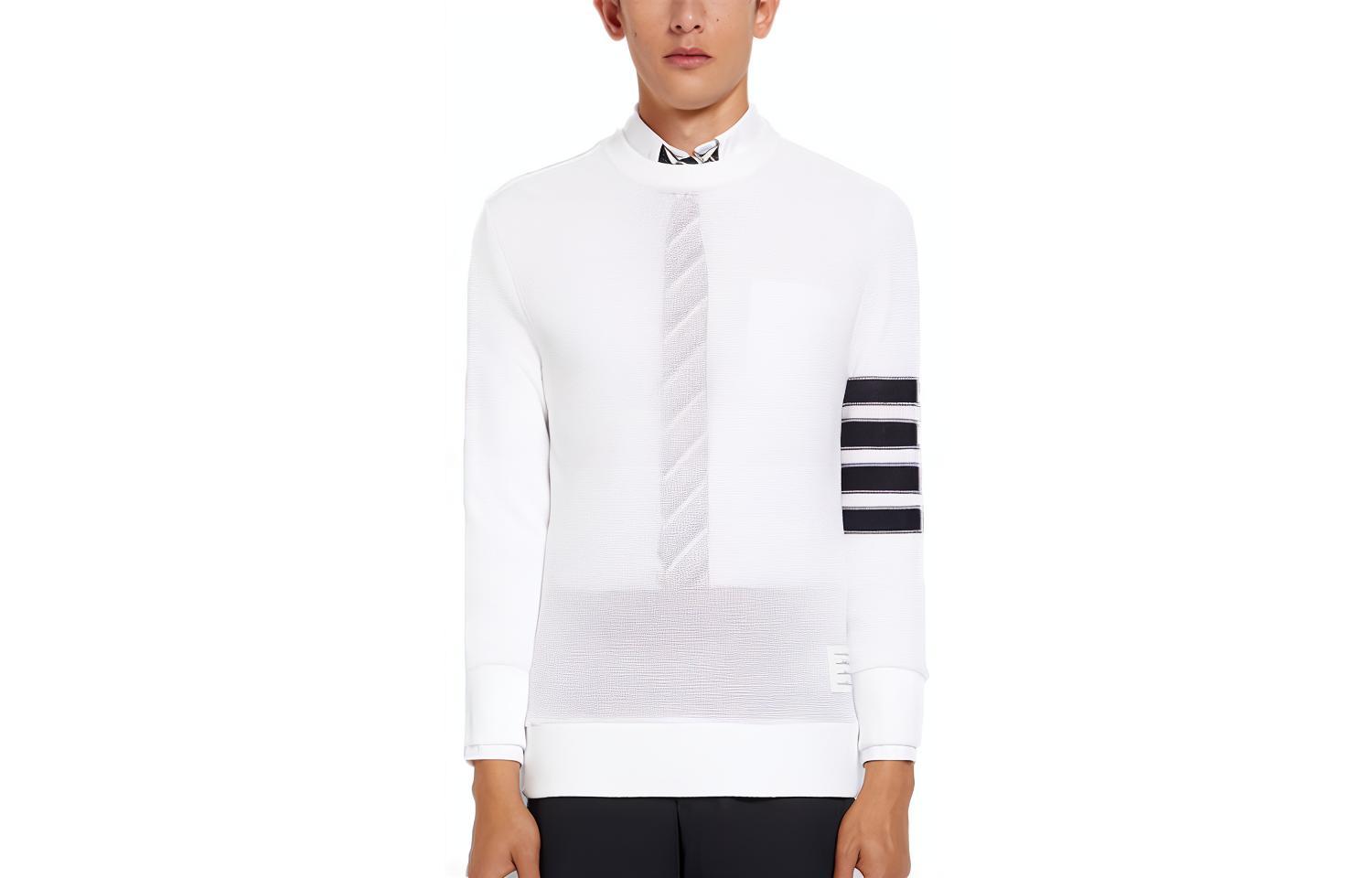 Thom Browne SS22  White Pullover Knit Sweater with Four-Bar Stripes MJT305-A07897-100