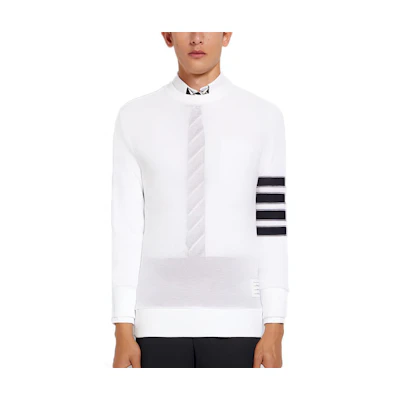 Thom Browne SS22 White Pullover Knit Sweater with Four-Bar Stripes MJT305-A07897-100