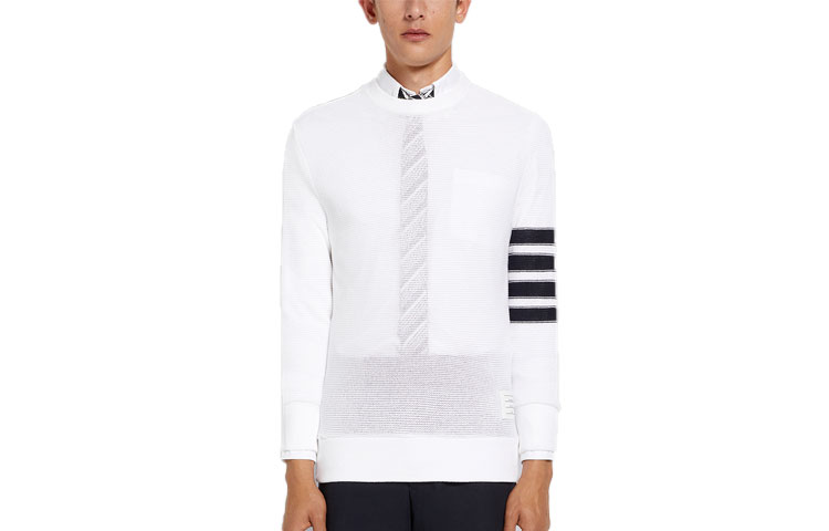 Order Thom Browne SS22  White Pullover Knit Sweater with Four-Bar Stripes MJT305-A07897-100