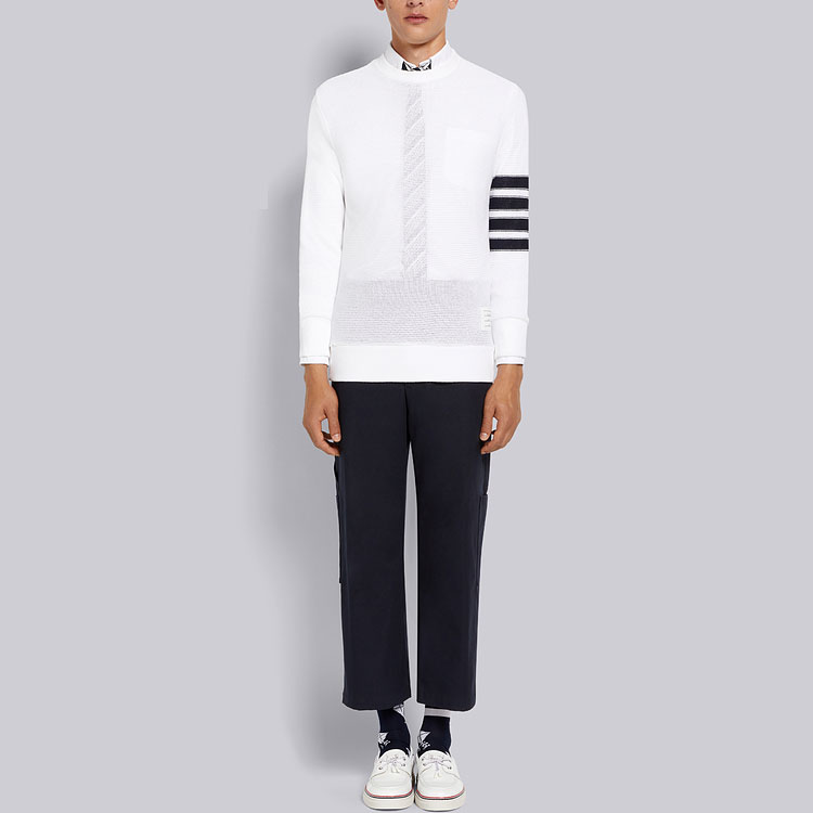 Shop Thom Browne SS22  White Pullover Knit Sweater with Four-Bar Stripes MJT305-A07897-100