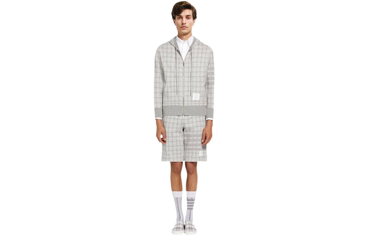 THOM BROWNE SS22 Checkered Jacquard Zip-Up Hoodie Light Grey (). MJT307A-07993-055