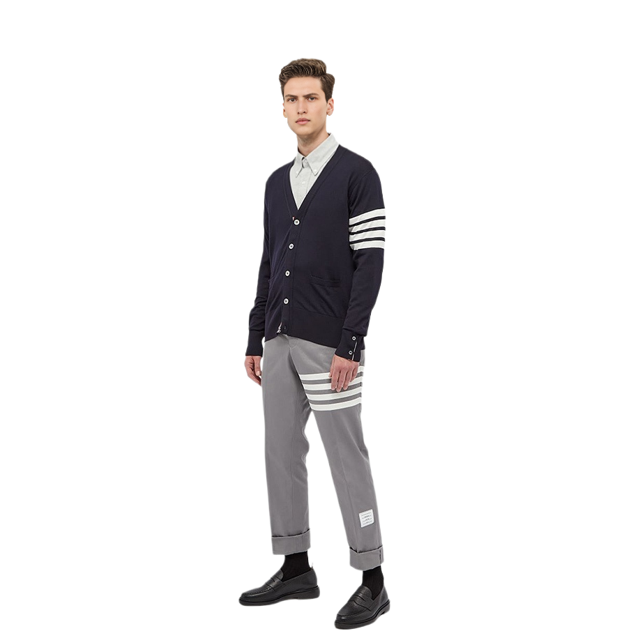 Lookbook THOM BROWNE SS22 Klasik 4-Bar Wool V-Neck Cardigan - Sweater Biru Navy MKC002AY1014-415