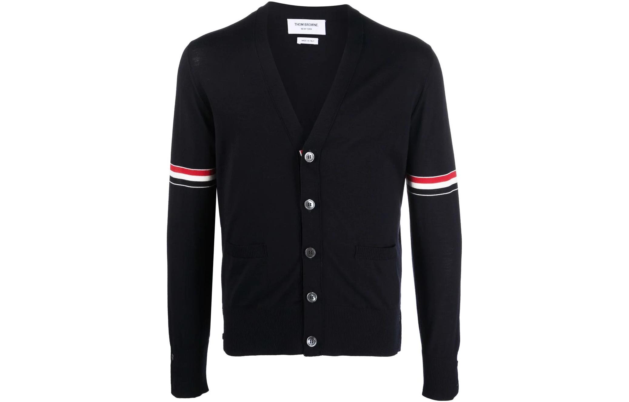 THOM BROWNE SS22 Classic Blue Wool V-Neck Cardigan Sweater Men秋 Season. MKC410A-Y1014-415