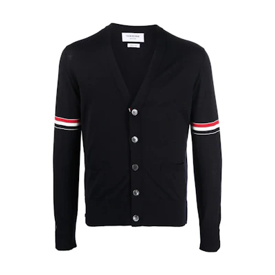 THOM BROWNE SS22 Classic Blue Wool V-Neck Cardigan Sweater Men秋 Season. MKC410A-Y1014-415