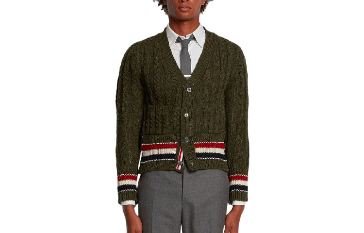 Thom Browne SS22 Deep Green Striped V-Neck Mohair Wool Sweater . MKC357A-Y1502-320