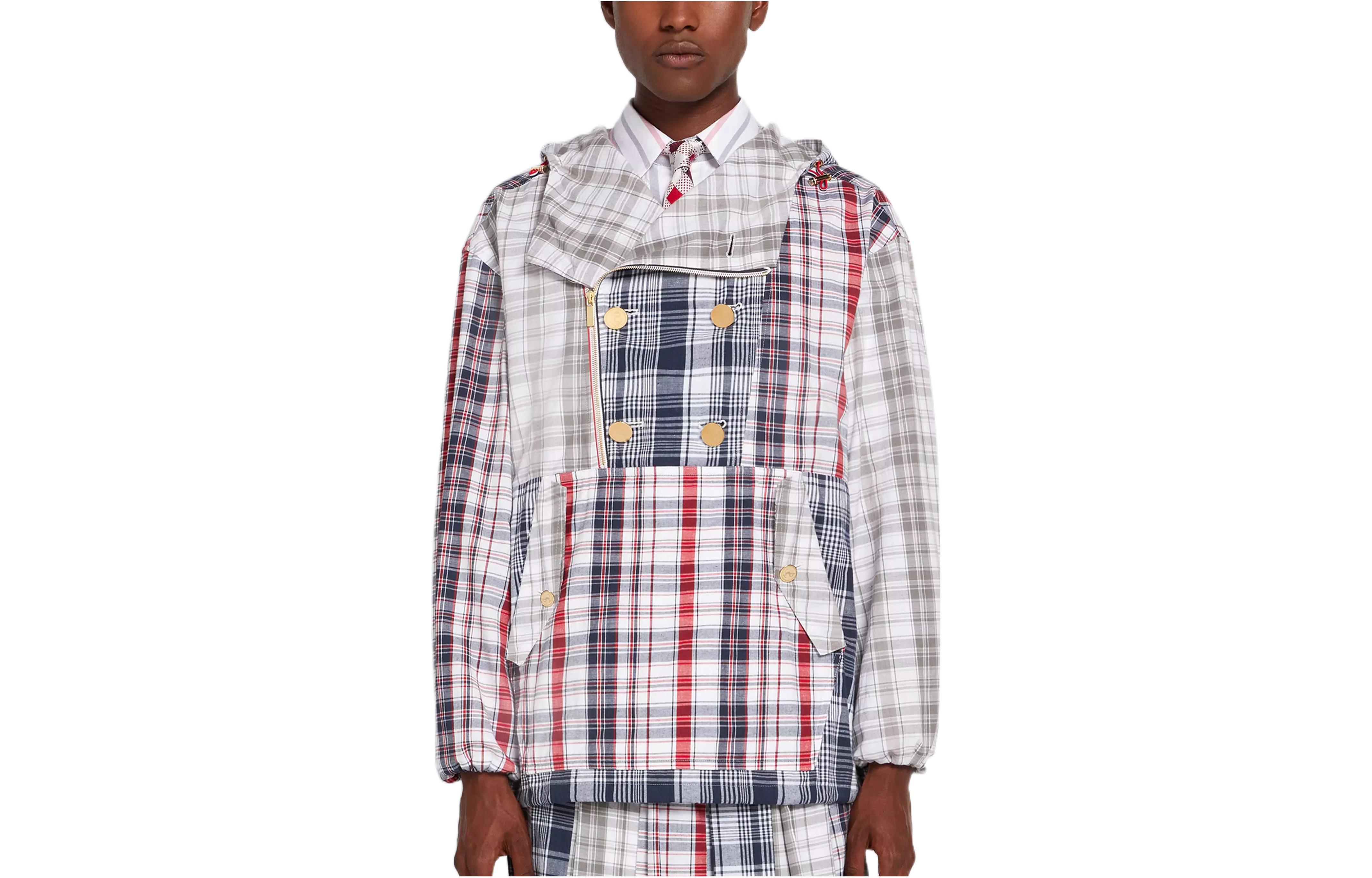 Thom Browne SS22 Funmix Striped Glen Plaid Hooded Bomber Jacket Grey Menswear MJO157F-07848-960