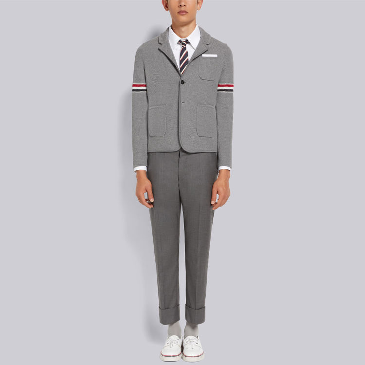 Shop Thom Browne SS22 Grey Jacquard Striped Armband Jacket MKJ073A-Y9010-055