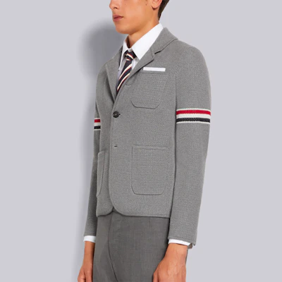 Thom Browne SS22 Grey Jacquard Striped Armband Jacket MKJ073A-Y9010-055 Purchase Thom Browne SS22 Grey Jacquard Striped Armband Jacket MKJ073A-Y9010-055