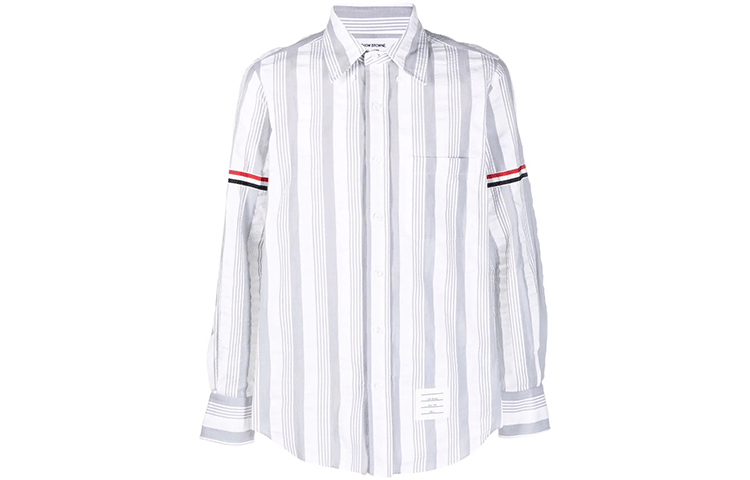 THOM BROWNE SS22 Grey Seersucker Long Sleeve Shirt with Satin Arm Detail MWL301A-07879-035