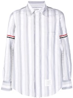 THOM BROWNE SS22 Grey Seersucker Long Sleeve Shirt with Satin Arm Detail MWL301A-07879-035 THOM BROWNE SS22 Grey Seersucker Long Sleeve Shirt with Satin Arm Detail MWL301A-07879-035