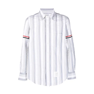 THOM BROWNE SS22 Grey Seersucker Long Sleeve Shirt with Satin Arm Detail MWL301A-07879-035