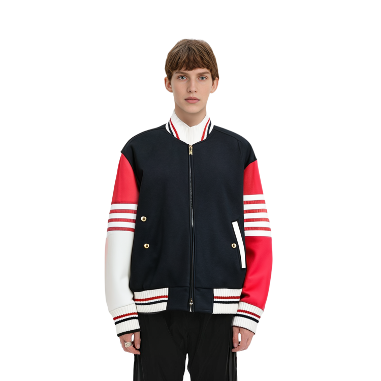 Sizing Thom Browne SS22 Jaket Bomber Zip Motif Lobster Stripe Hitam MJO167E-05507-415