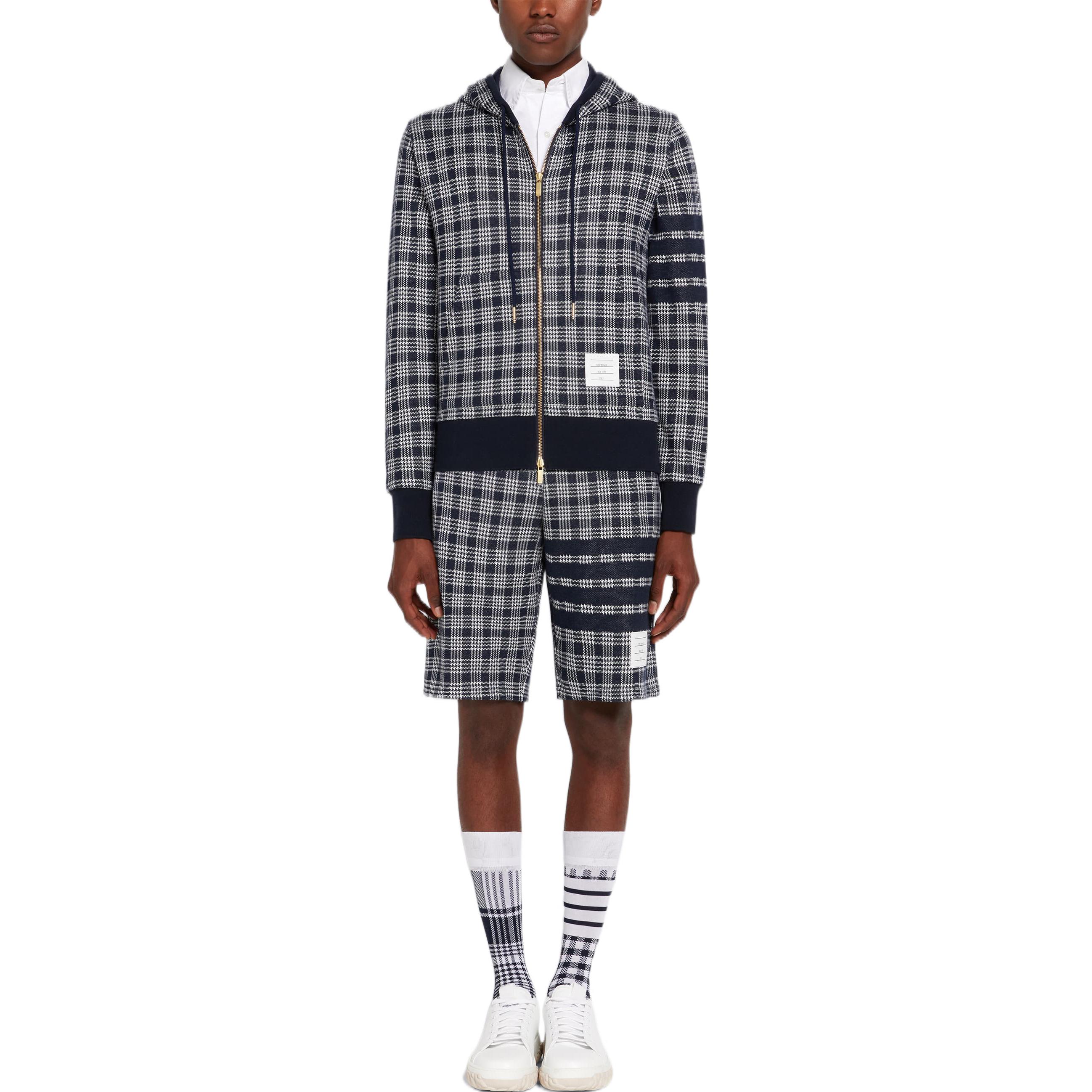 Shop Chaqueta Sudadera Thom Browne SS22 Azul Marino Cuadros Jacquard Cremallera MJT307-A07993-415