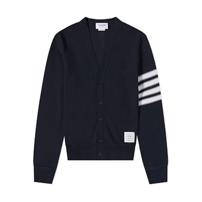 Thom Browne SS22 Navy Blue V-Neck Striped Knit Cardigan Unisex. MJT306A-07897-415