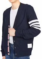 Details for Thom Browne SS22 Navy Blue V-Neck Striped Knit Cardigan Unisex. MJT306A-07897-415