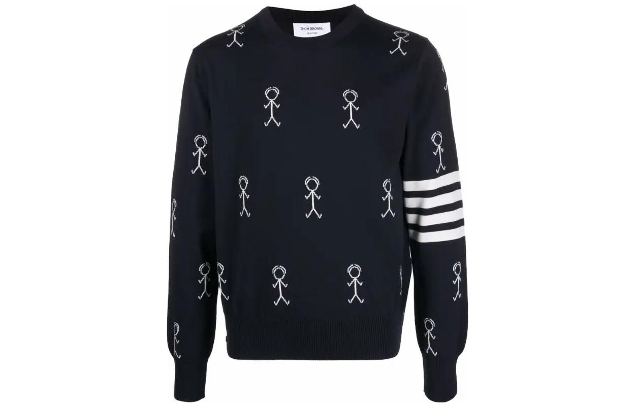 THOM BROWNE SS22 Patterned Jacquard Wool Pullover Sweater Navy Blue Mens MKA388A-Y1002-415