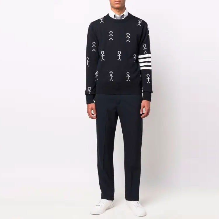 Lookbook THOM BROWNE SS22 Sweater Wool Jacquard Corak Biru Navy Lelaki MKA388A-Y1002-415