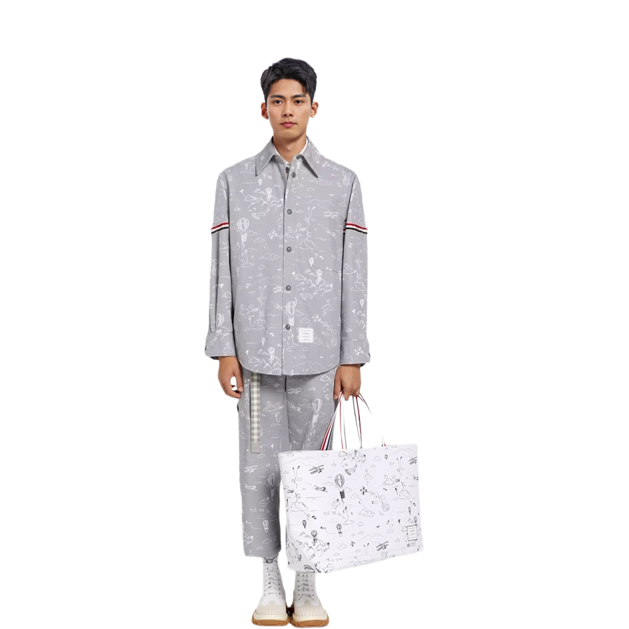 Shop THOM BROWNE SS22 印花棉帆布襯衫外套 男 灰色 MJO164A-07997-035