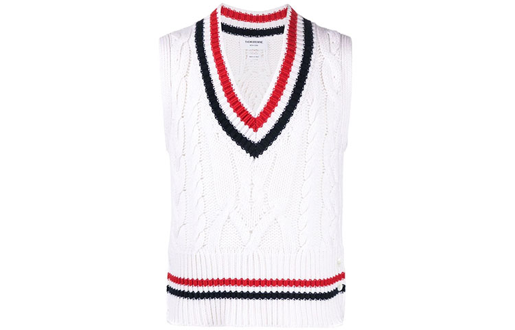 Thom Browne SS22 White Cable Knit V-Neck Vest . MKV059AY2007-100