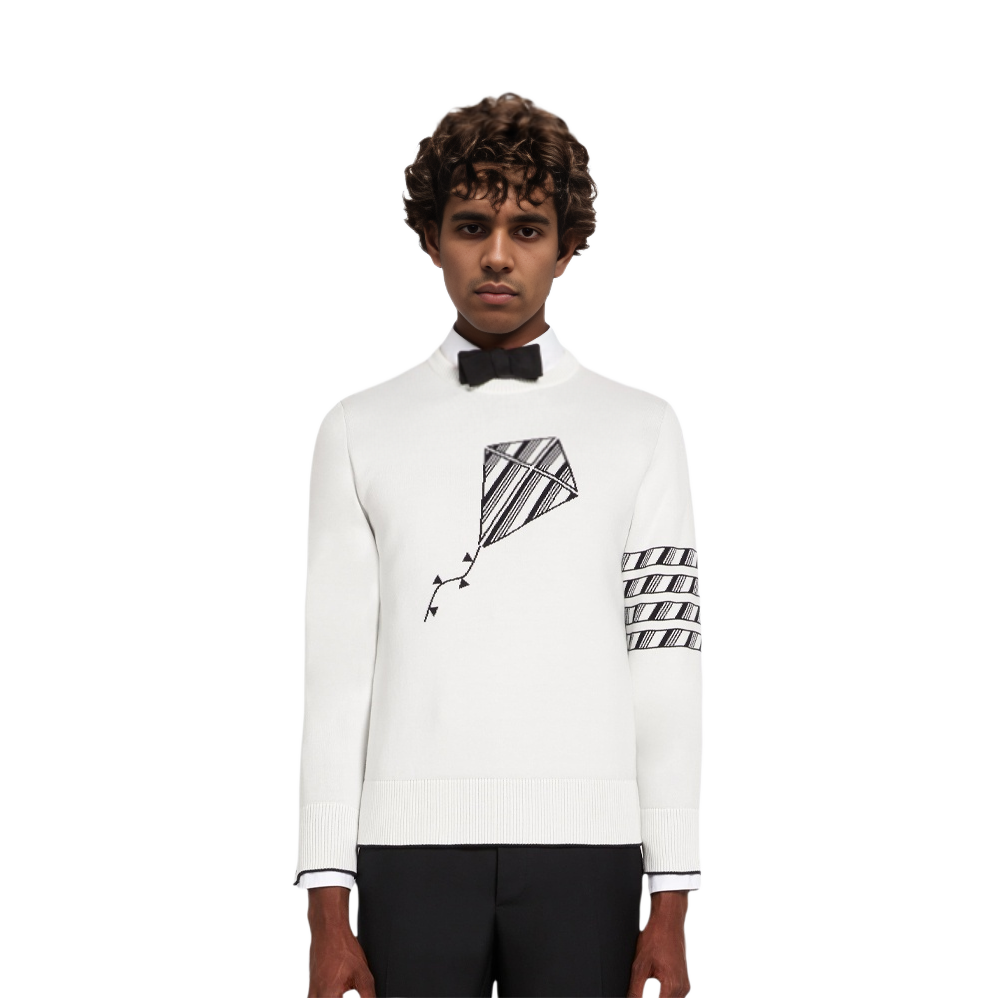 Lookbook Jersey Blanco con Patrón de Cometa Thom Browne SS22 Jacquard. MKA385A-Y3006-100