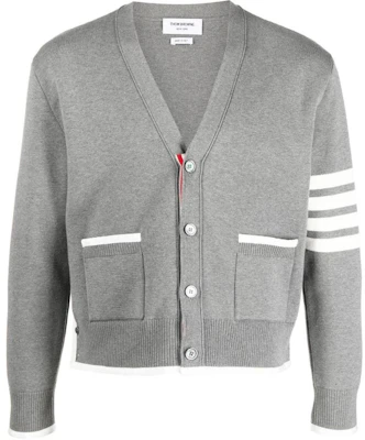 THOM BROWNE SS23 4-Bar V-Neck Knit Cardigan Abu-Abu Single-Breasted MKC460A-Y3006-055 Order THOM BROWNE SS23 4-Bar V-Neck Knit Cardigan Abu-Abu Single-Breasted MKC460A-Y3006-055