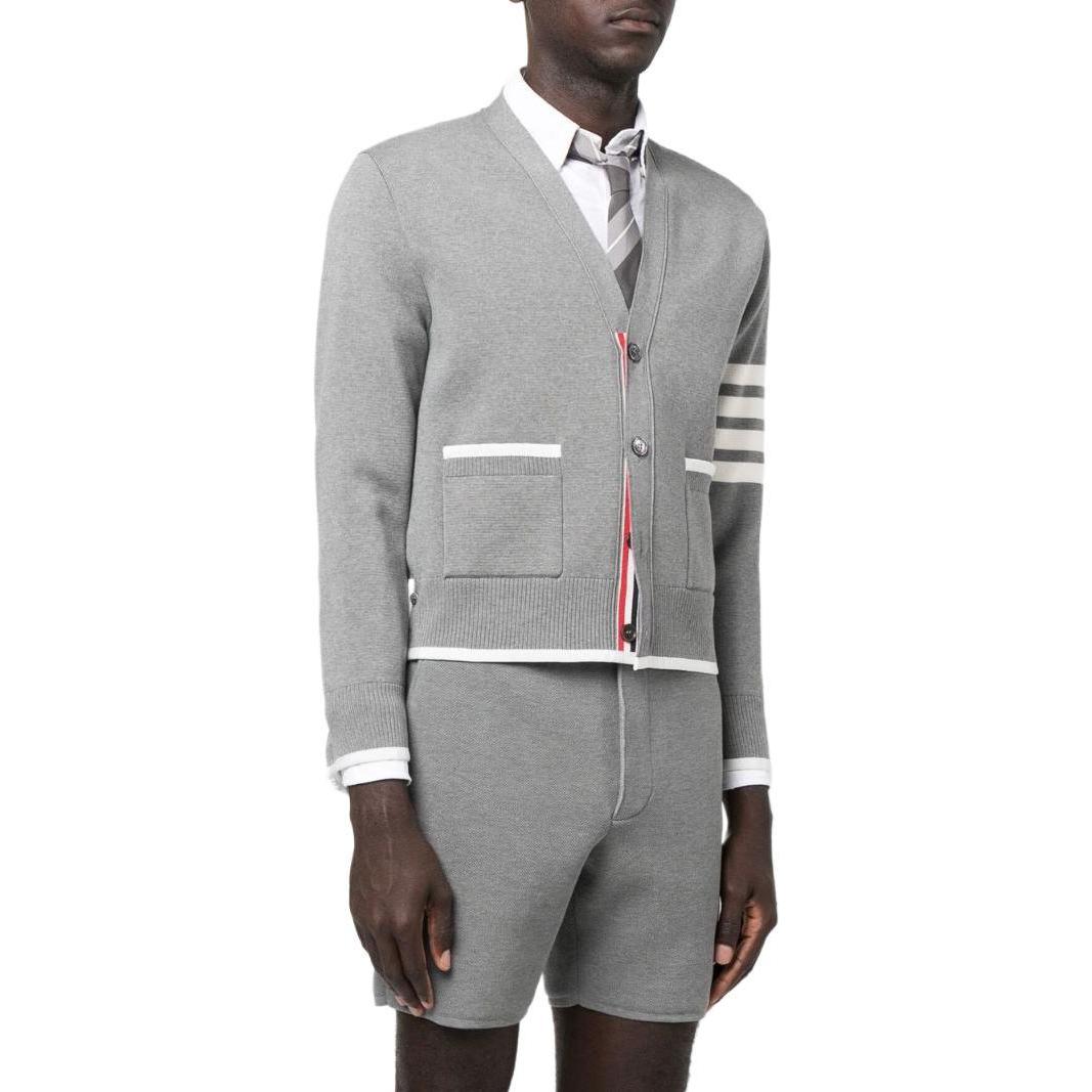 Purchase THOM BROWNE SS23 4-Bar V-Neck Knit Cardigan Abu-Abu Single-Breasted MKC460A-Y3006-055