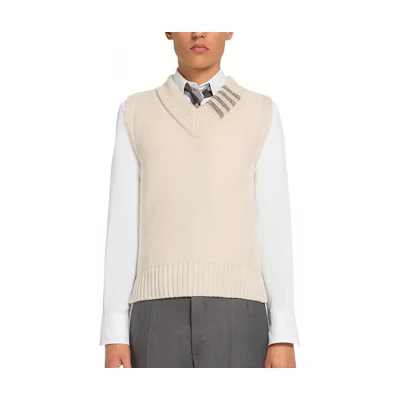 Thom Browne SS23 4-Bar V-Neck Wool Vest Off-White. MKV064A-Y1032-100