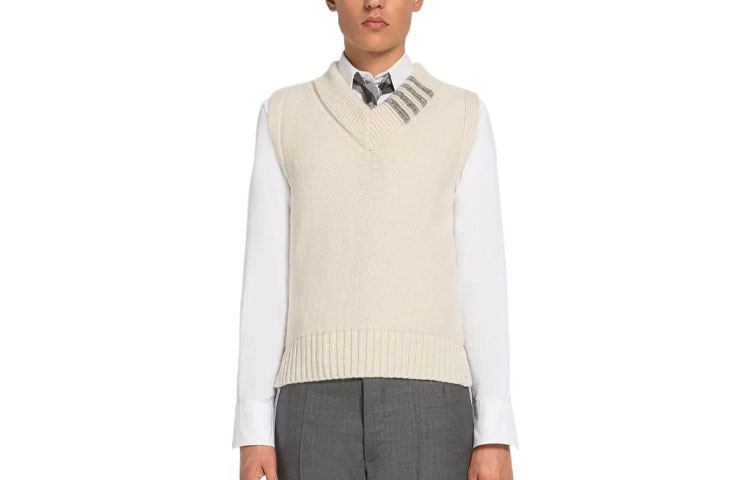 Order Thom Browne SS23  4-Bar V-Neck Wool Vest Off-White. MKV064A-Y1032-100