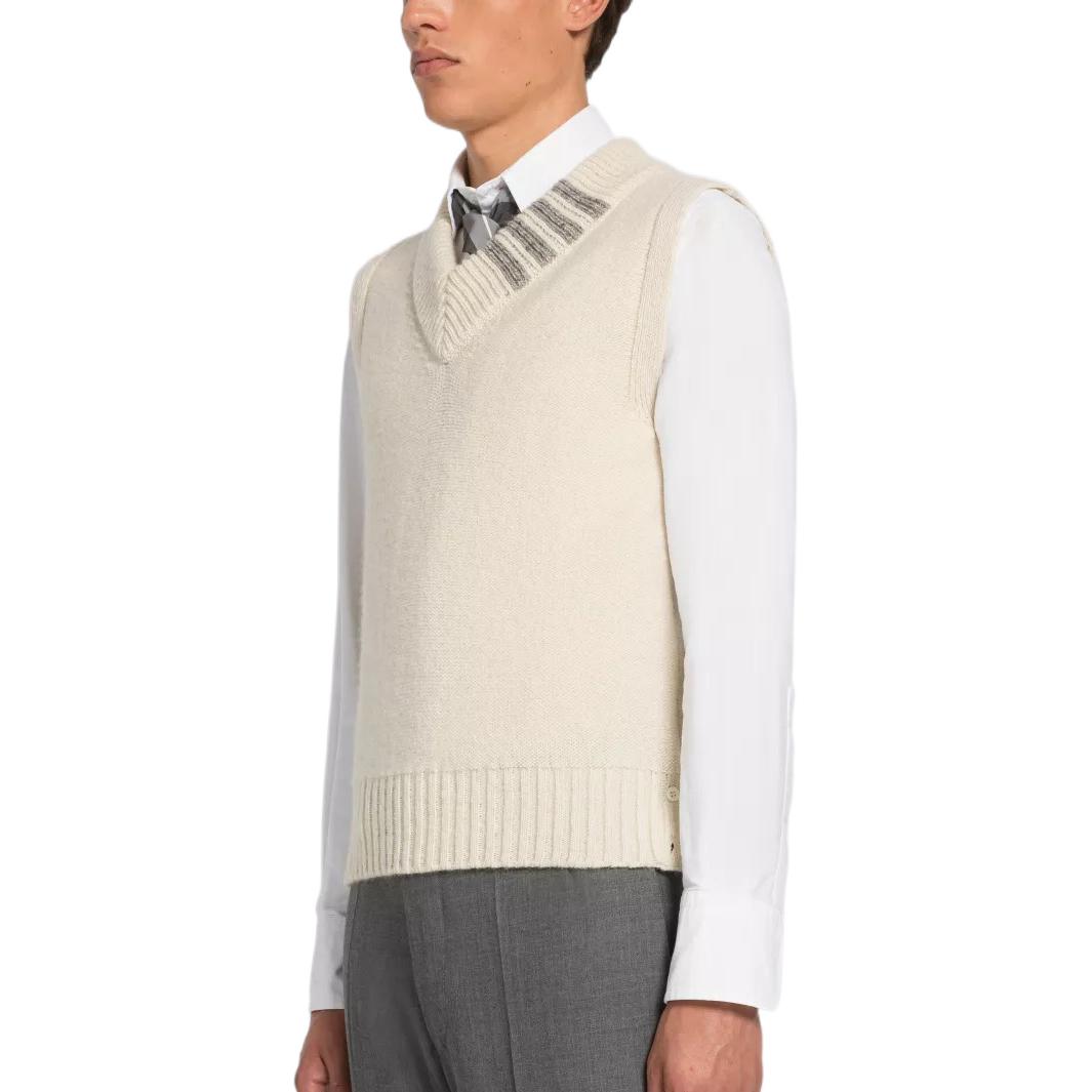 Purchase Thom Browne SS23  4-Bar V-Neck Wool Vest Off-White. MKV064A-Y1032-100