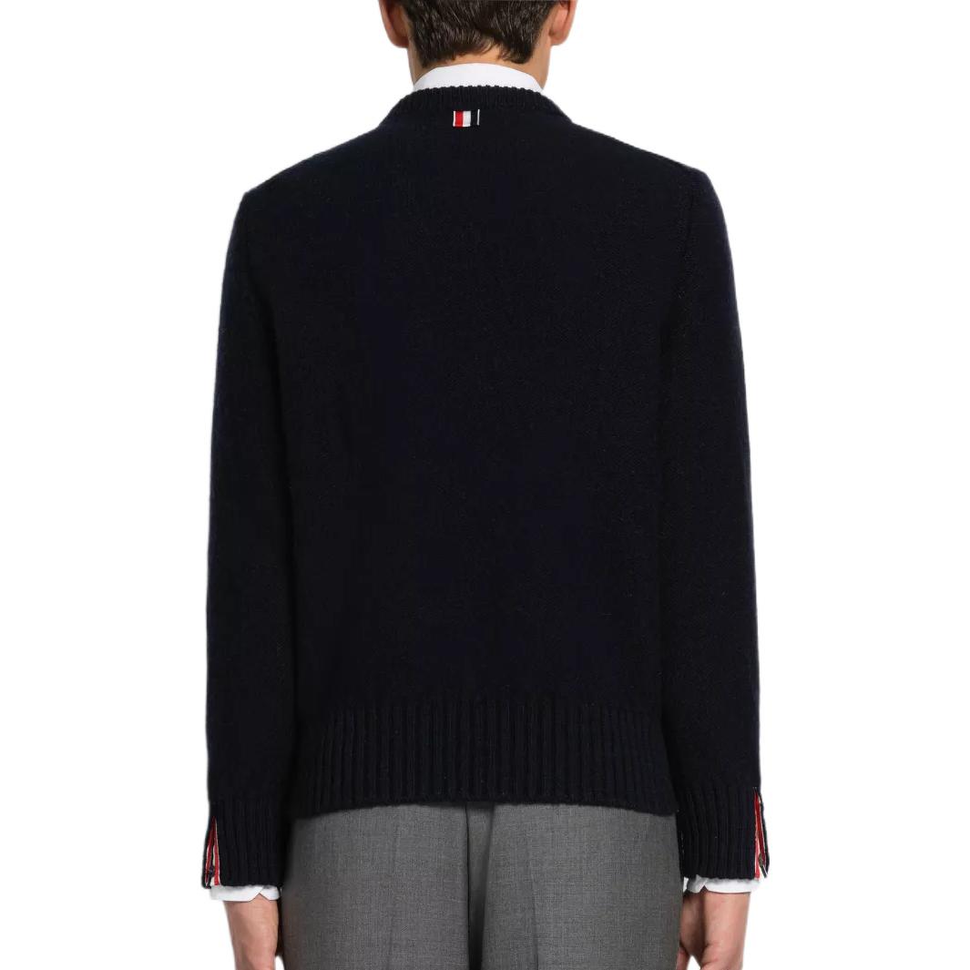 Shop トムブラウン SS23 4本バー ウール クルーネックセーター ネイビー MKA448A-Y1032-415