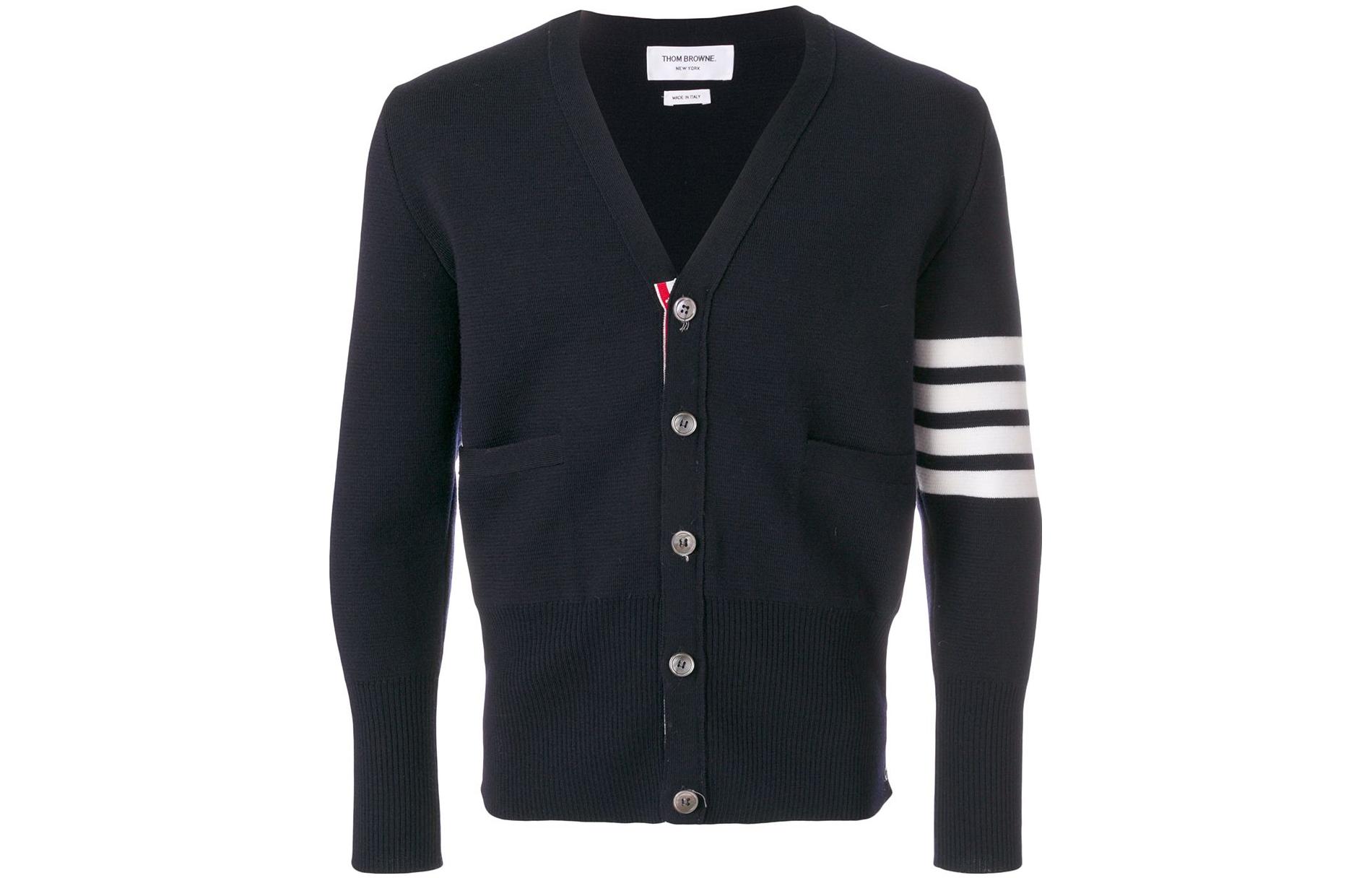 THOM BROWNE SS23  Black Stripe V-Neck Single-Breasted Cardigan Sweater MKC160A-00014-415