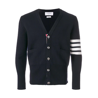 THOM BROWNE SS23 Black Stripe V-Neck Single-Breasted Cardigan Sweater MKC160A-00014-415