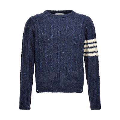 THOM BROWNE SS23 Blue Slim-Fit Classic 4-Bar Long-Sleeve Sweater. MKA469B-Y1506-424