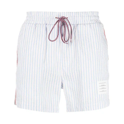 THOM BROWNE SS23 Blue Striped Drawstring Straight Casual Shorts Summer. MTT026A-F0009-480