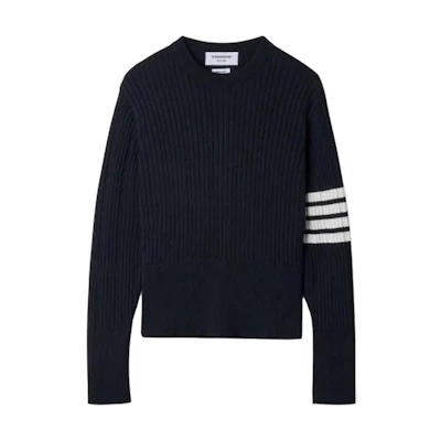 THOM BROWNE SS23 Classic Four-Bar Navy Blue Crewneck Sweater. MKA460A-Y3014-415