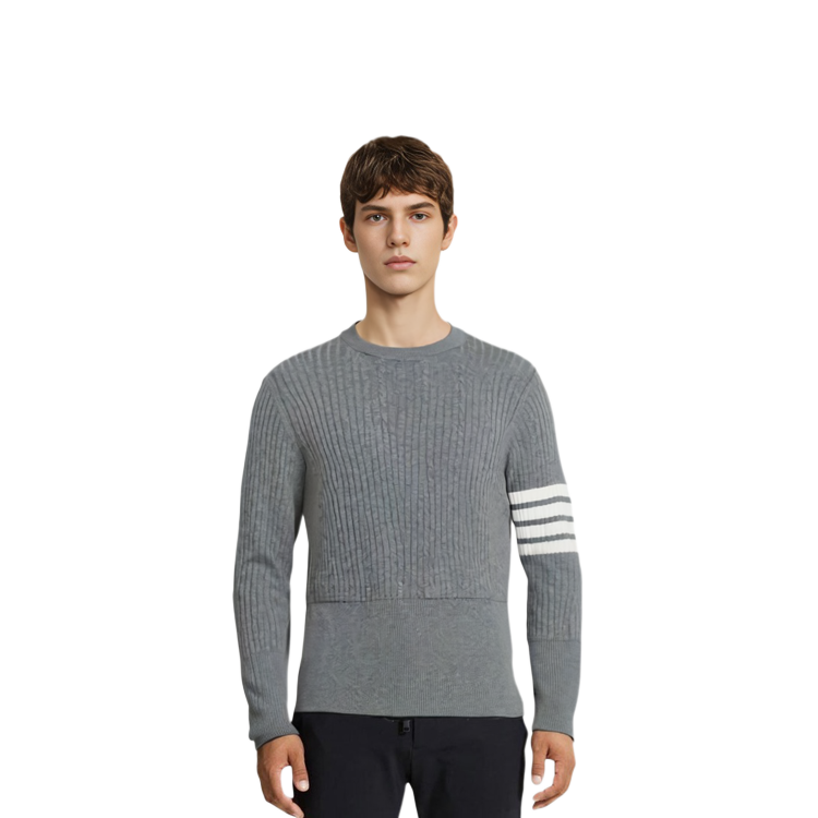 Shop トムブラウン SS23 フォーバー クルーネック プルオーバー セーター グレー MKA460A-Y3014-055