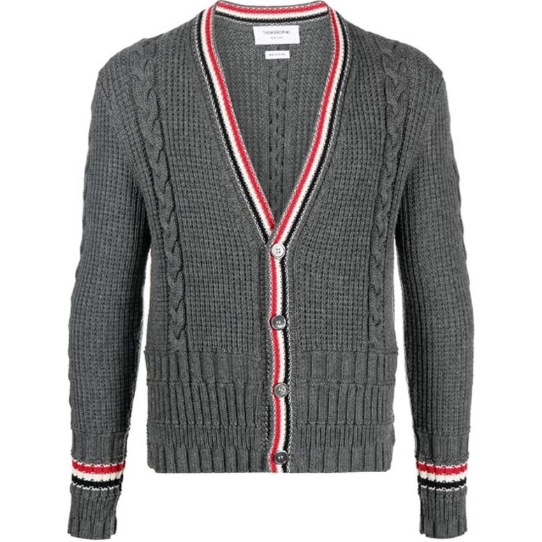 THOM BROWNE SS23  Gray Striped V-Neck Mohair Knit Cardigan Sweater MKC454A-Y1024-035