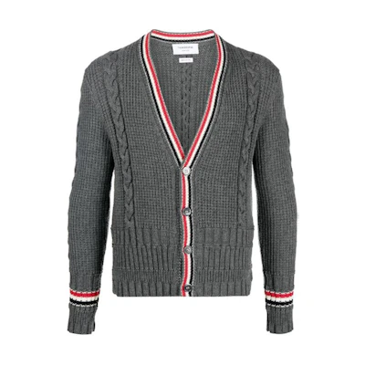 THOM BROWNE SS23 Gray Striped V-Neck Mohair Knit Cardigan Sweater MKC454A-Y1024-035